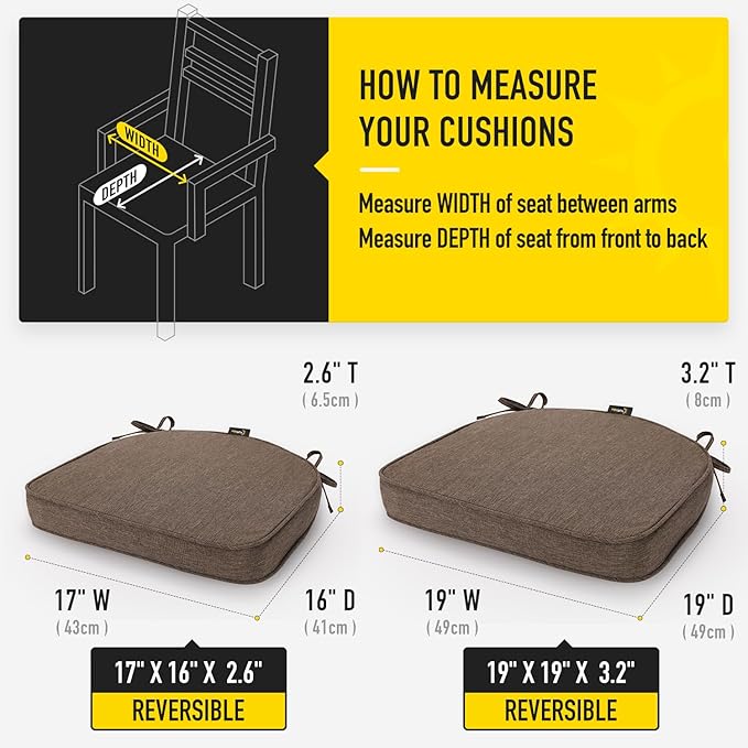 SUNROX Gel Memory Foam Chair Cushions, FadeShield Water-, Stain-Resistant Durable Reversible Seat Cushion Pads with Ties for Indoor/Outdoor Kitchen Dining Office 17"x16" Set of 4, Heather Chestnut