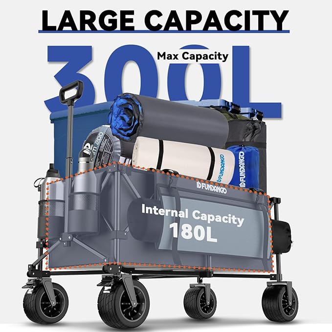 FUNDANGO 600lbs Heavy Duty Wagon, Foldable Beach Collapsible Wagons Garden Cart with Brakes, Side Pockets & All-Terrain Big Wheels for Sports Camping Shopping Groceries, Black