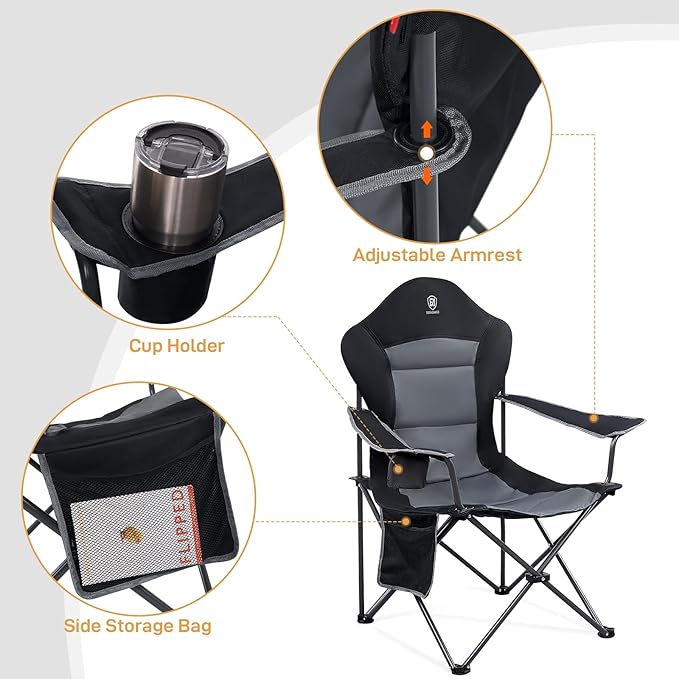EVER ADVANCED Folding Camping Chair for Outside with High Back Padded Oversized Lawn Chairs Folding Lightweight Sturdy Steel Portable Outdoor Camp Chair for Adults