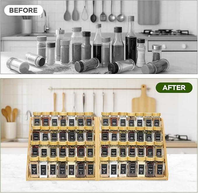 4 Tier Bamboo Spice Rack Organizer with 28 Spice Jars, 780 Labels, Wood Shelf, Chalk Marker and Funnel Set for Cabinet Kitchen Countertop, Empty 4 oz Glass Jars