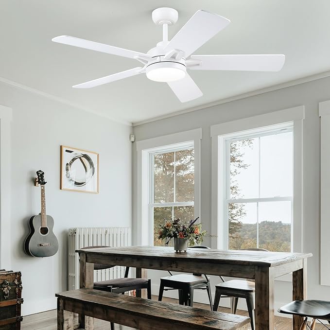 White Ceiling Fans with Lights - 52 Inch Low Profile Ceiling Fan with Remote/APP Control, 3CCT Dimmable LED Light, 6 Speeds Reversible, Modern Ceiling Fan Lights for Indoor/Outdoor Use