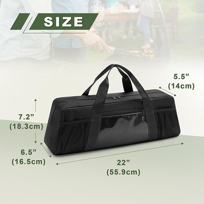 Grill Tool Storage Bag, Outdoor BBQ Utensil Holder for Barbecue Tool up to 20", Large Grill Utensil Storage Caddy with Pockets, BBQ Accessories Case Container for Camping, Bag Only, Black