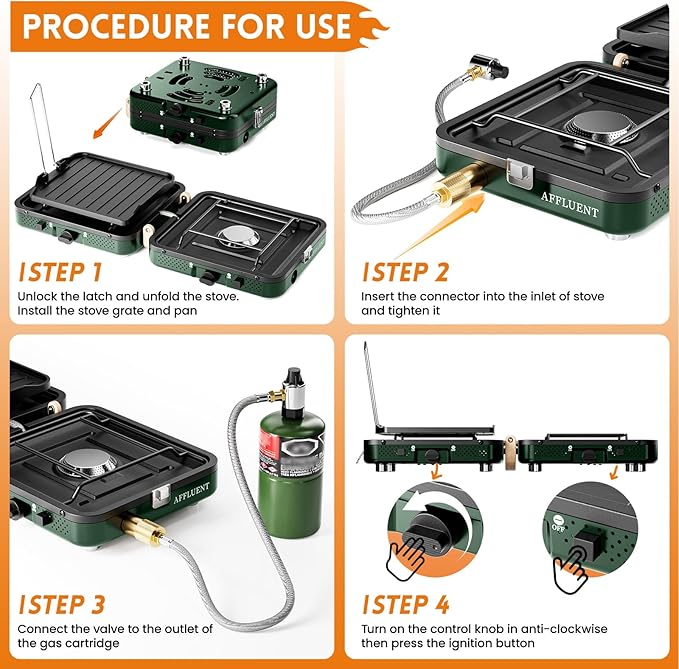 AFFLUENT 2 Burner Propane Camping Stove with Grill and Storage Bag- A Must - Have Camp Stove Propane! Foldable, Featuring Two Adjustable Burners Ideal Portable Camping Stove for Camping & BBQ(Green)