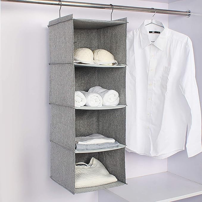 Hanging Closet Organizer, Easy Mount Collapsible 4-Shelf Camper Closet Wardrobe Hanging Storage Shelves, Folded Clothes Towels Handbag Shoes Accessories Storage, Linen Cloth, Gray