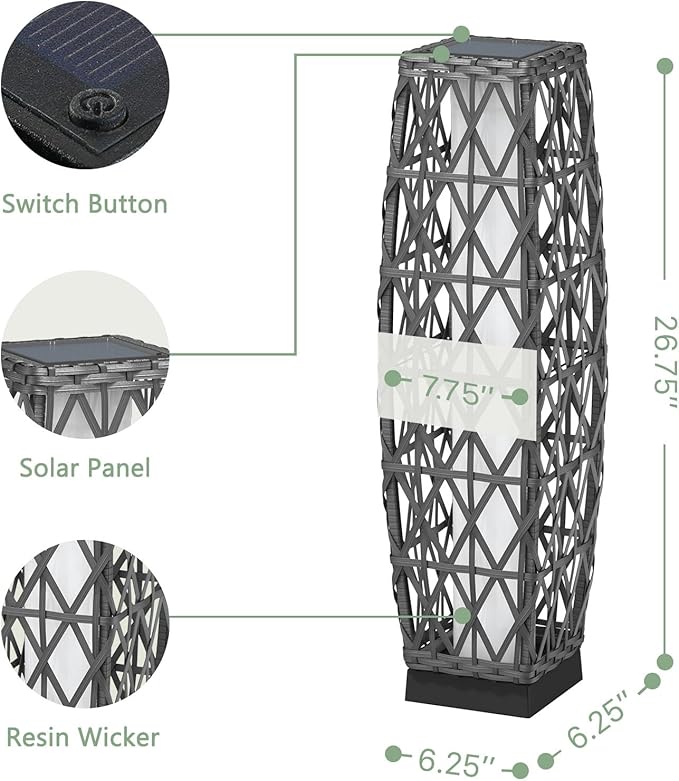 Grand patio 2-Piece Outdoor Solar-Powered Woven Wicker Lantern Floor Lamp Decoration for Deck Garden Lawn Porch - Medium Cindy, Silver Gray