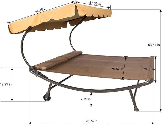 Sunnyglade 6.6'L x 6.5'W Patio Double Chaise Lounge Bed with Canopy,Headrest Pillow and Wheels,Portable Outdoor Hammock Bed for Backyard,Lawn,Garden,Courtyard,Brown