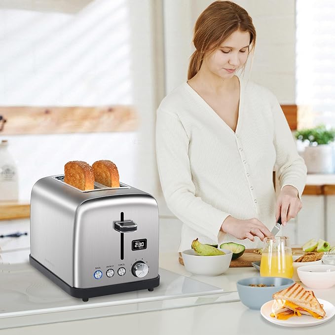 SEEDEEM Toaster 2 Slice, LCD Display, 7 Shade Settings, 1.4'' Wide Slots, Stainless Steel Digital Toaster for Bagel, Defrost, Reheat, Removable Crumb Tray, 900W, Silver Metallic