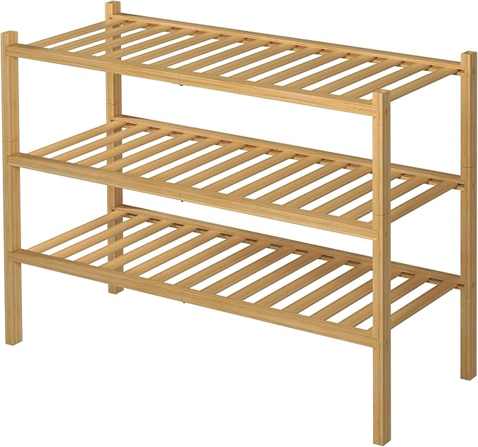 3 Tier Bamboo Shoe Rack for Closet Free Standing Wood Shoe Shelf Storage Organizer for Entryway Small Space Stackable 27"x11"x20" (Natural)