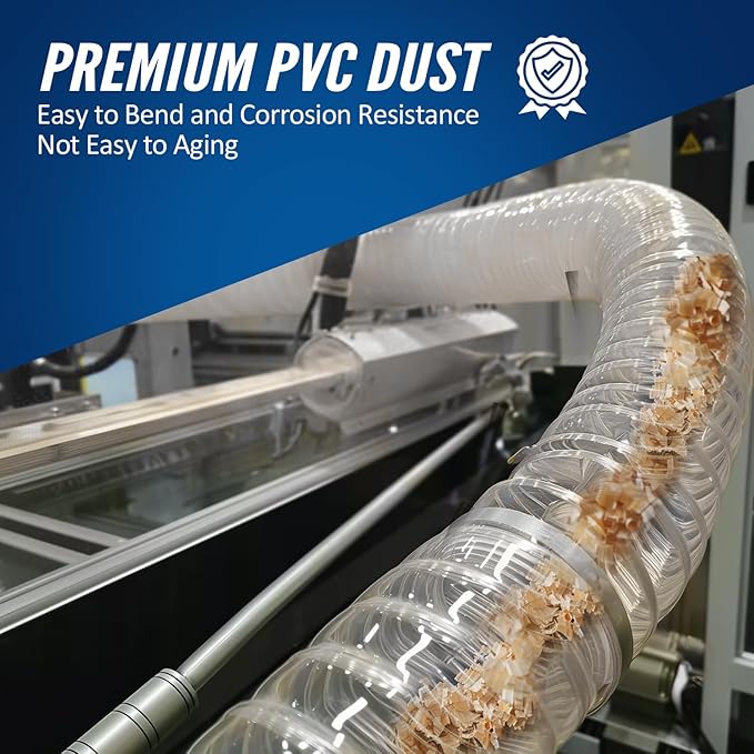 Heavy PVC 4" x 10' Dust Collection Hose,Flexible Clear Debris and Fume Collection Hose with Stainless Steel Clamps for Dust Collectors with 4" Ports, Ideal for Shop Vacuums