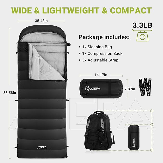 ATEPA Down Sleeping Bag, Recycled 650FP 4 Season Summer & Winter Compact Rectangle Lightweight Waterproof Wearable Sleeping Bag with Compression Sack for Camping Backpacking Hiking