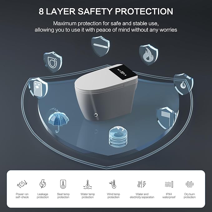 Smart Toilet with Built-In Bidet, Heated Seat, Dual Auto Flush, Warm Water & Dry Function, Tankless Design, Foot Sensor, Modern Elongated Electric, LED Display and Night Light, Wireless Remote Control