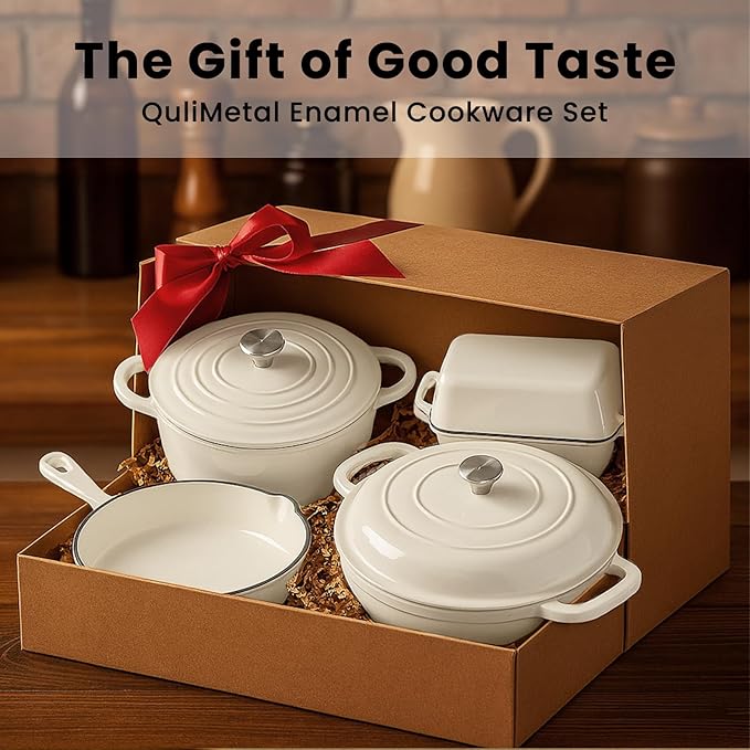 QuliMetal Enameled Cast Iron Cookware Set, 5-Piece – 2.3QT Dutch Oven, 4.7QT Braiser, 10" Skillet, 9x5" Oval Bread Pan & Rack – Versatile Oven-Safe Enamel Cast Iron Pots and Pans for Home Cooking