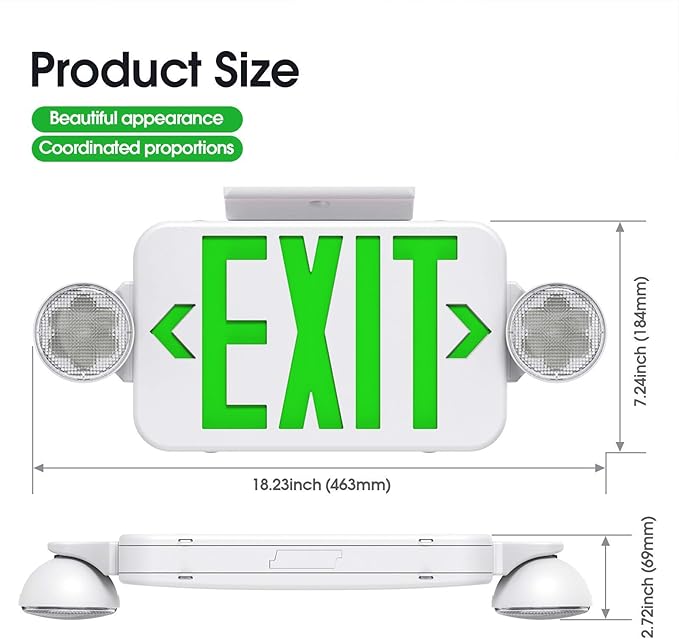 Green Led Exit Sign Emergency Light Combo Adjustable Two Head, Double Sided and Battery Backup Exit Light, Contractor Select, AC 120/277V (1 Pack)