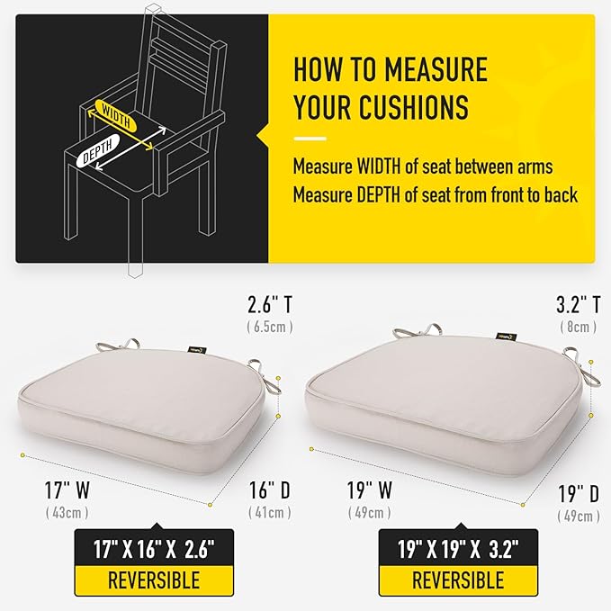 SUNROX Gel Memory Foam Chair Cushions, FadeShield Water-, Stain-Resistant Durable Reversible Seat Cushion Pads with Ties for Indoor/Outdoor Kitchen Dining Office, 19"x19", Set of 4, Cream