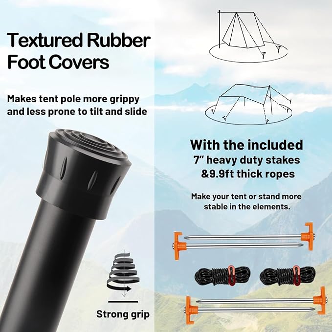 Tarp Poles Heavy Duty Adjustable, AVOFOREST Aviation Aluminum 8.7FT Tent Poles Lengthen and Thicken with Protection Cap Awning Poles Set of 2 for Hiking