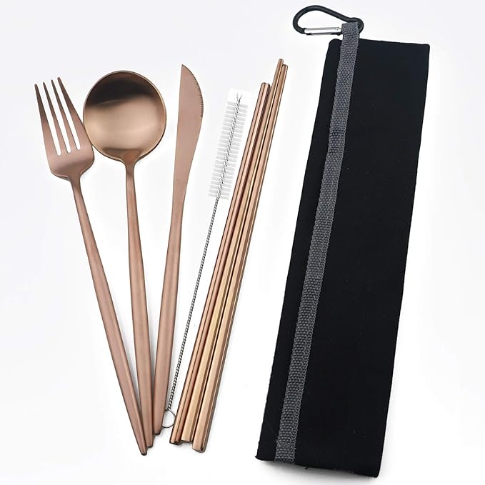 Portable 6 Pieces Flatware Set, 304 Stainless Steel Knife, Fork, Spoon, Chopsticks, Metal Straw, Cleaning Brush, Durable Travel Cutlery Set, Black Pouch Bag, Rose Gold