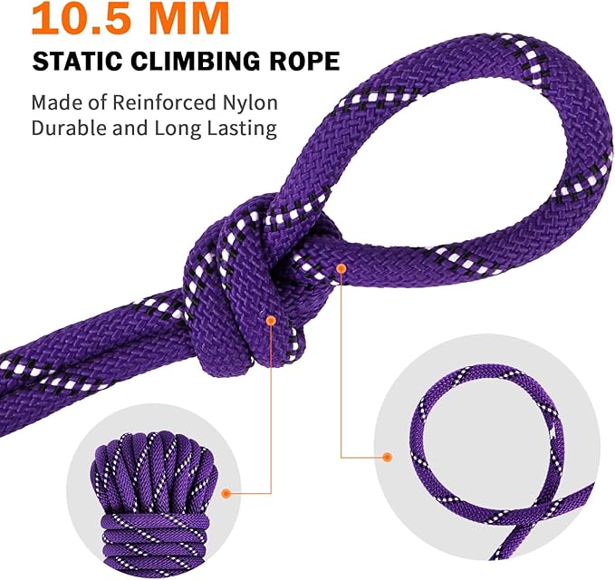 AOLEBA 10.5 mm Static Climbing Rope 10M(32ft) 20M(64ft) 30M(96ft) 50M(160ft) 70M(230ft) Outdoor Rock Climbing Rope, Escape Rope Ice Climbing Equipment Fire Rescue Parachute Rope