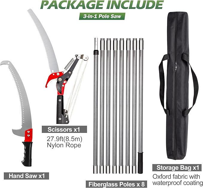 Walensee Pole Saws for Tree Trimming,7.2-27FT Extendable Tree Pruner,Manual Branch Timmer with Blade and Scissors High Branches Pruning Fiberglass Pole Pruner and Cutter Garden Tool with Storage Bag