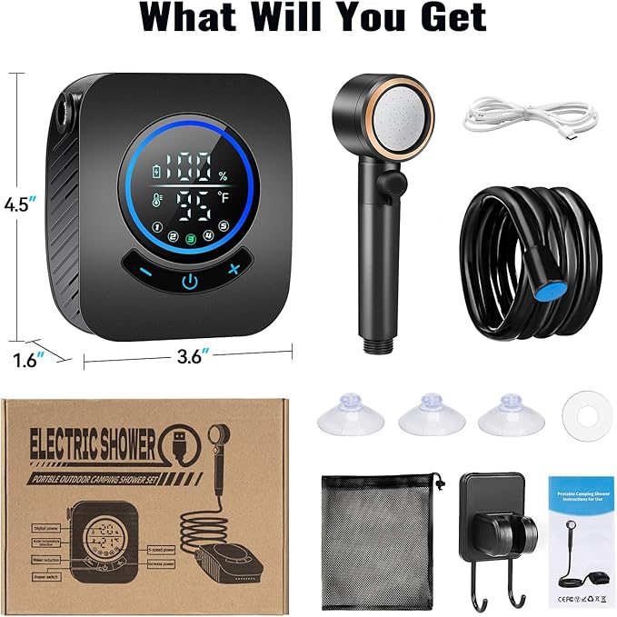 Upgraded Portable Shower with Heater, 1500W Immersion Heated, 8000mAh Rechargeable Camping Shower Pump with LED Display, IPX8 Waterproof Lightweight Outdoor Shower Pump Kit for Hiking, Travel, Car