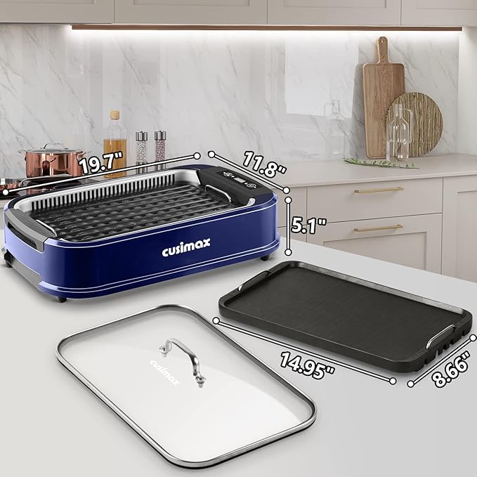 Smokeless Grill, CUSIMAX 1500W Indoor Grill, Electric Grill Griddle with LED Smart Display & Tempered Glass Lid, Portable Korean BBQ Grill, Non-stick Removable Grill & Griddle Plate