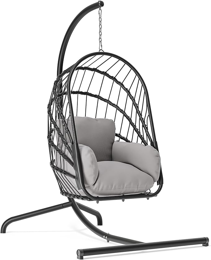 YITAHOME Hanging Egg Chair with Stand, Rattan Wicker Swing Egg Chair with Resistant Cushion, 370lbs Capacity, Foldable Hanging Basket Chair for Porch, Garden, Bedroom, Balcony - Grey