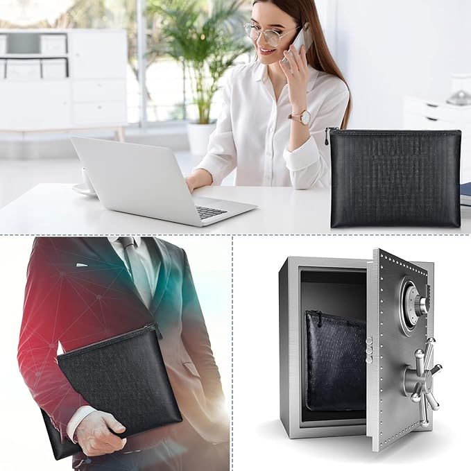 Epakh 2 Pack Fireproof Document Bags 13.4 x 9.4 Inch Waterproof and Fireproof Money Bag Document Holder with Zipper Fireproof Safe Storage Bag for A4 Documents, Money, Passport and Tablet