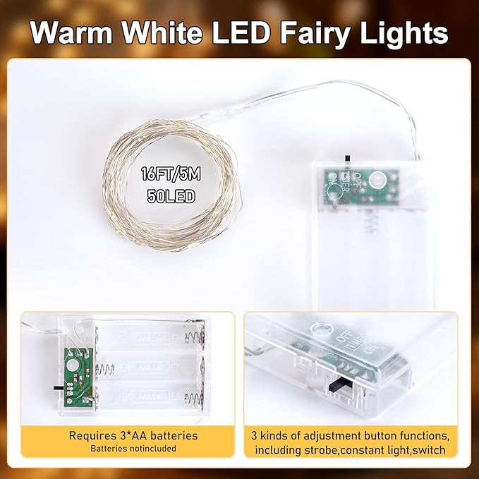 Fairy Lights Battery Operated String Lights 16.4ft 50LED Flashing and Constant Light Waterproof Silver Wire for Christmas DIY Party Bedroom Wedding (Warm White, 4 Pack)