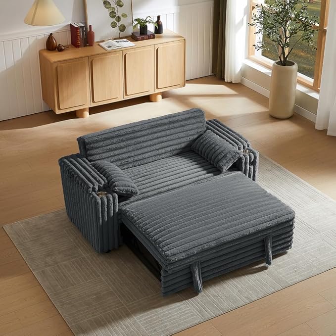 68" Corduroy Convertible Sofa Bed with USB, Storage Armrests & Pillows – 3-in-1 Foldable Sleeper Chair Floor Couch for Living Room, Bedroom, Guest Room (ZY-1109-Dark Gray)