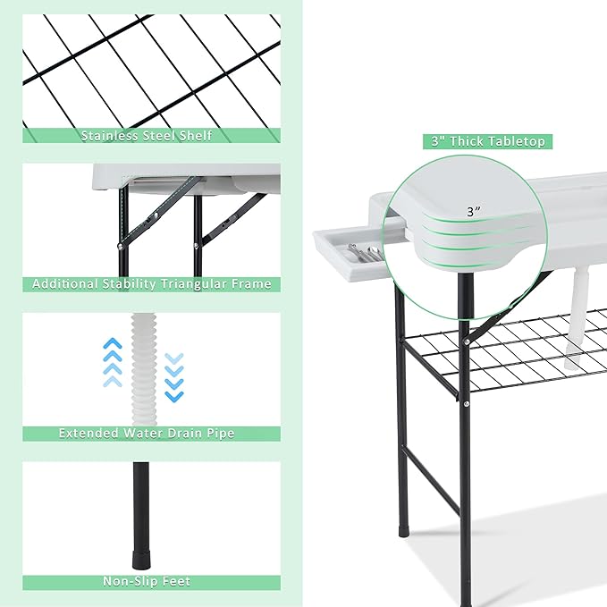 Dragosum 42'' Outdoor Fish Cleaning Table Portable Camping Sink Station with Double Sinks, Collapsible Swivel Faucet, Picnic Sink Table for Picnic Beach Patio