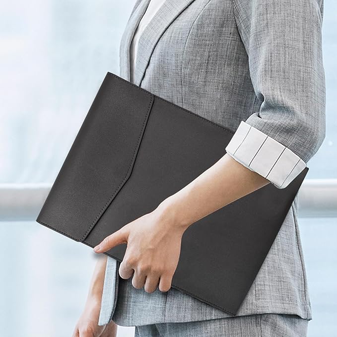 VANRA 1 Piece PU Leather File Folder Vertical A4 Document Holder File Envelope Waterproof Leather Portfolio Case Filing File Organizer for Letter Size with Magnetic Button Closure (Black)