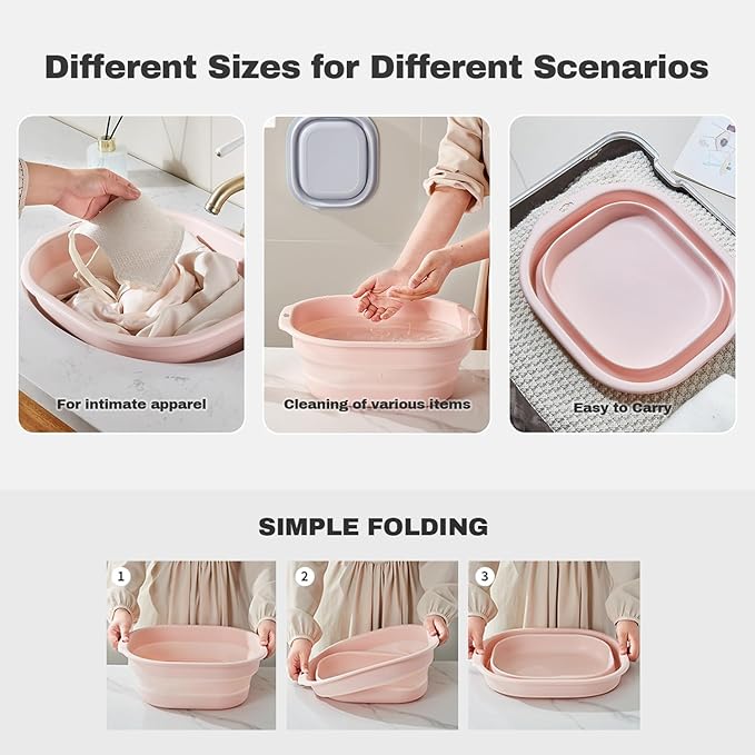 Collapsible Wash Basin Set of 3, Foldable Large Medium Small Wash Basins, Portable Plastic Basins for Laundry, Bottles, Travel, Camping (Pink)