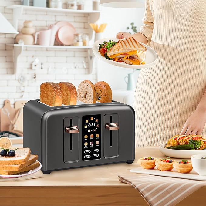 SEEDEEM Toaster 4 Slice, Full Touch control Toaster, LCD Display, 6 Bread Type, 7 Shade Settings, 1.4''Wide Slots,More Time Function, Removable Crumb Tray, 1800W, Dark Metallic