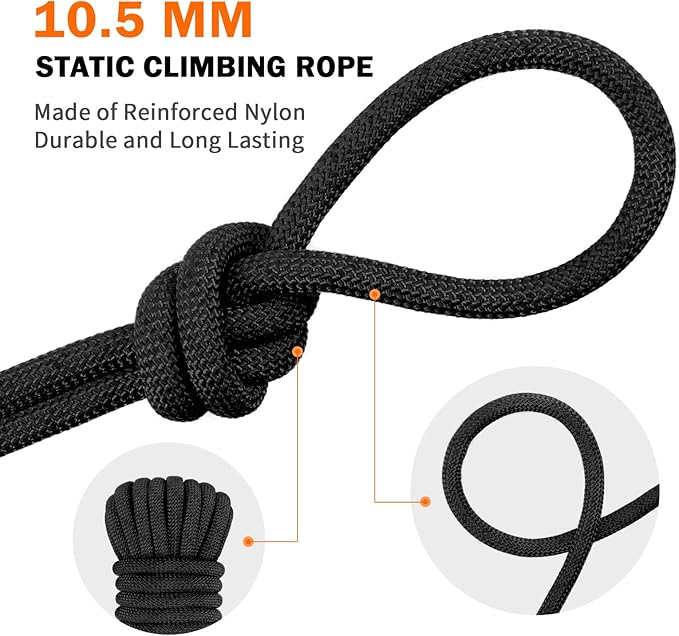 AOLEBA 10.5 mm Static Climbing Rope 10M(32ft) 20M(64ft) 30M(96ft) 50M(160ft) 70M(230ft) Outdoor Rock Climbing Rope, Escape Rope Ice Climbing Equipment Fire Rescue Parachute Rope