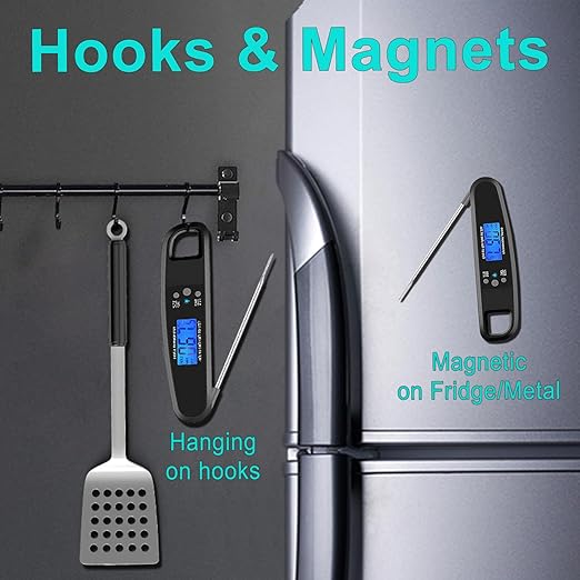 Instant Read Meat Thermometer for Kitchen Cooking, Ultra Fast Precise Waterproof Digital Food Thermometer with Backlight, Magnet and Foldable Probe for Deep Fry, Outdoor BBQ, Grill(Black)