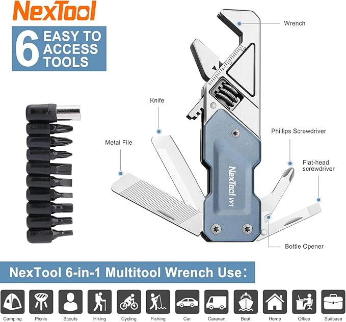 NexTool EDC Multi Tool, 6 in 1 Wrench Multitool with Knife, Flat/Phillips Screwdriver and Bottle Opener, Bike Multitool with 9 in 1 Bits Set and Nylon Pouch for Cycling Maintenancen, Household Repairs