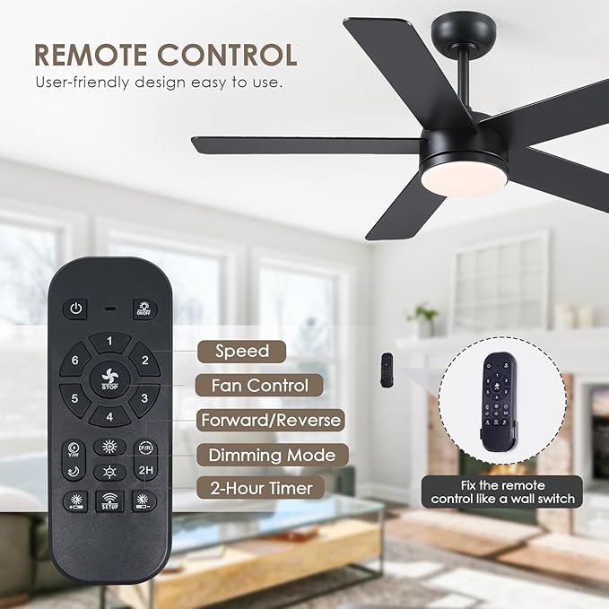 46" Black Ceiling Fans with Lights - Low Profile Ceiling Fan with Lights and Remote/APP, 5 Dual-Sided Blades, Reversible DC Motor, Modern Ceiling Fan for Indoor and Outdoor Use