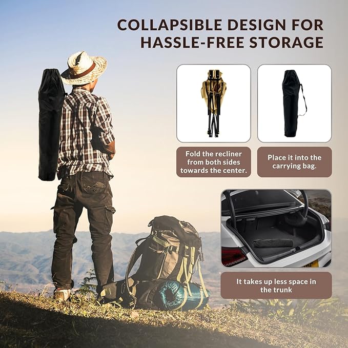 Reclining Camping Chair 4-Position Adjustable, Lightweight Folding Lounge Beach Chair for Adults with Removable Footrest & Headrest, Cup Holder & Storage Pouch for Outdoor(330lbs Capacity), Khaki