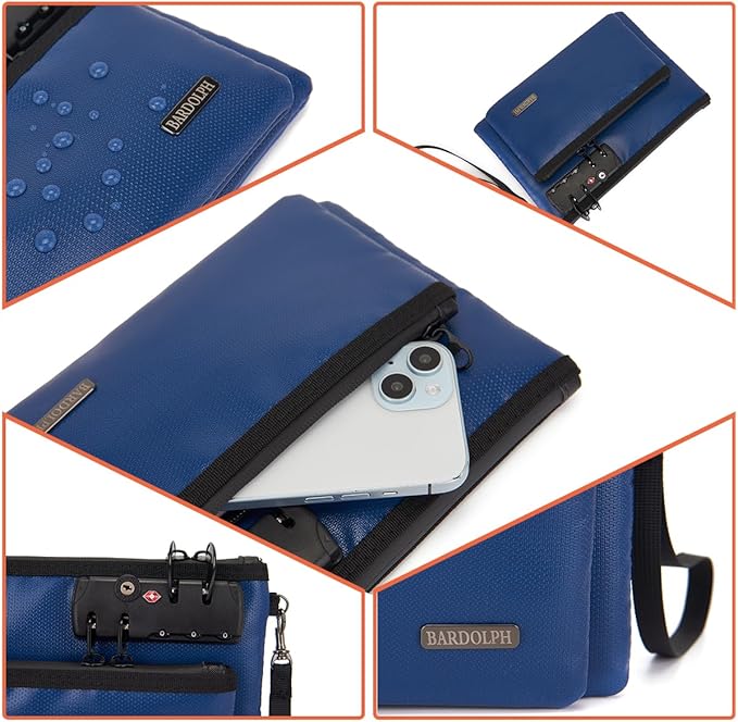 Fireproof Money Bag with Lock, Double layer Cash Bag BankBag for Cash, Valuable StorageBag,Fireproof Safe Box Money Pouch with Zipper (blue, Small)