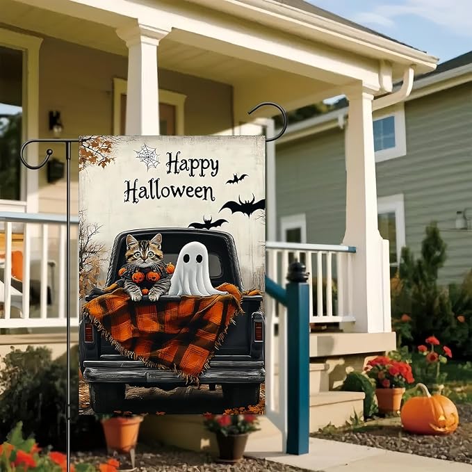 Happy Halloween Garden Flag 12X18 Inch Double Side,Ghost Yard Flag,Cat Small Garden Flag,Yard Outdoor Flag for Holiday Outside Patio Lawn Decoration