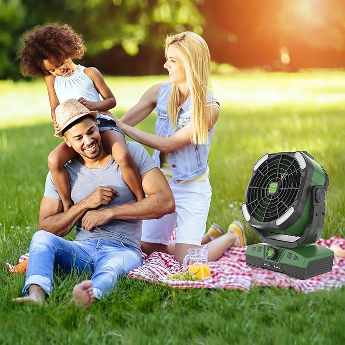 RUNTOP 20000mAh Oscillation Camping Fan, Rechargeable Fan with RGB, Remote, Battery Operated Outdoor Tent Fans w/Hanging Hook, Personal USB Desk Fans for Camping, Jobsite (Green)