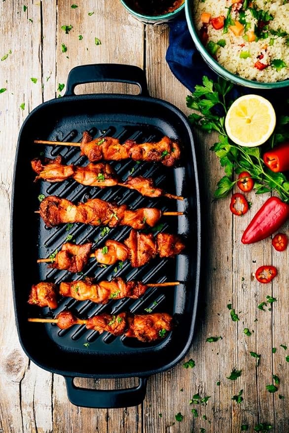 BRA COOKWARE Efficient Iron Rectangular Ribbed Grill | 13 inches x 8.7 inches Cast Iron Rectangular Griddle | All Heat Sources Compatible | PFOA Free | W/o Non-Stick | Silicon Handle | Non Deformable