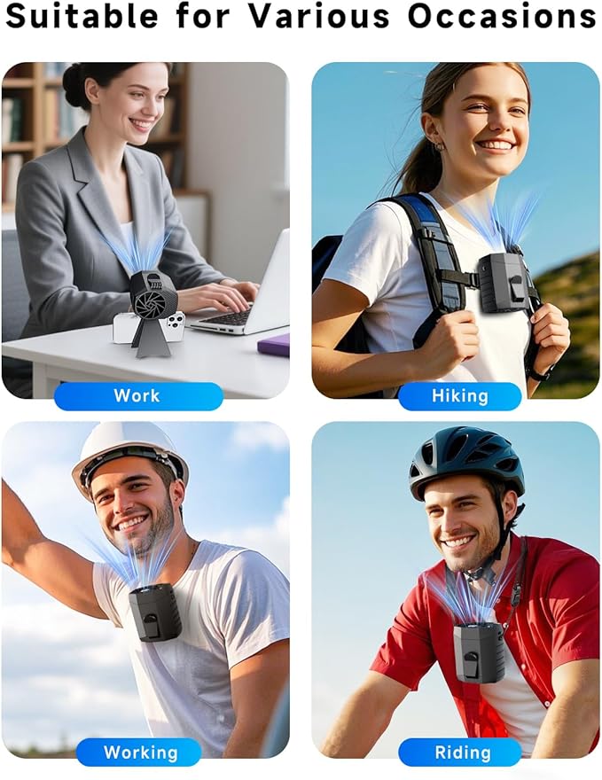 2025 Smart Portable Rechargeable Fan with LED Light & 25H Runtime, 4-Speed 9200RPM Turbo Cooling Personal Waist Fan, Wearable Neck & Belt Clip for Camping, Outdoor, Hiking - Black with Bracket