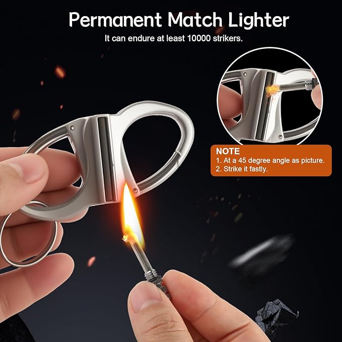 Keychain Lighter, Permanent Metal Match Strike, Infinity Lighter Waterproof Windproof Matches Reusable, Multitool Fire Starter Key Ring for Outdoor Hiking Traveling Camping Emergency