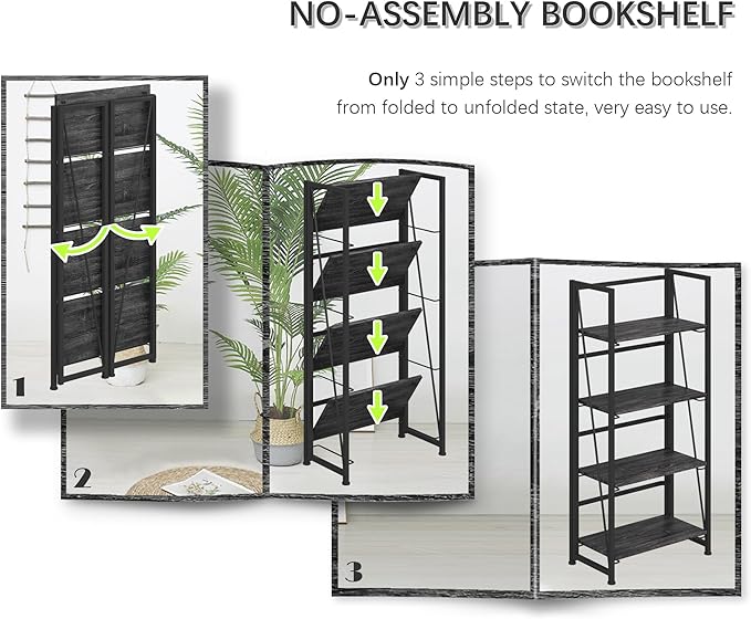 4NM No-Assembly Folding Bookshelf Storage Shelves 4 Tiers Vintage Bookcase Standing Racks Study Organizer Home Office (Gray Black)