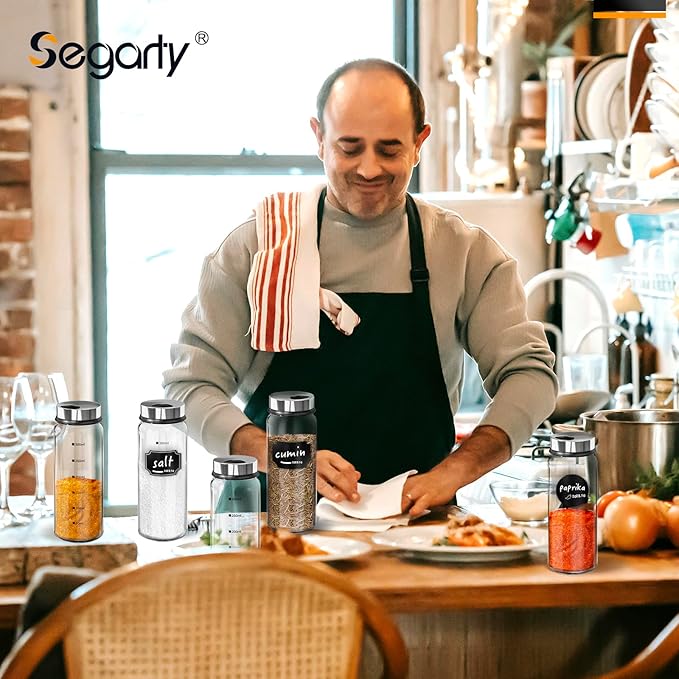 Segarty Spice Jar with Labels Set, 6 Pack 10oz Large Spice Jars with Shaker Lids, Empty Glass Spices Bottles for Salt Pepper Sugar, Seasoning Shakers with 136 Stickers, 1 Chalk Marker and 1 Brush