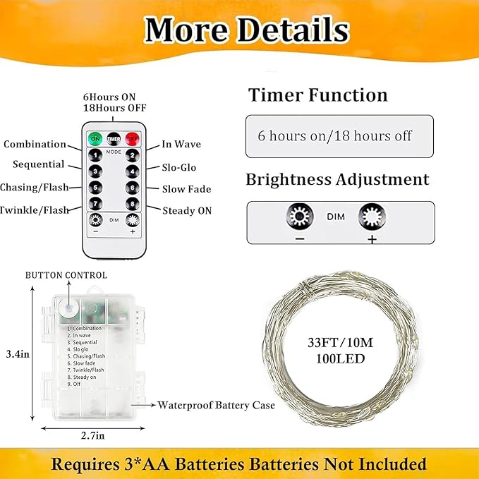 4-Pack Fairy Lights Battery Operated with Remote, Waterproof 33FT 100 LED Battery String Lights Outdoor Indoor, 8 Modes Twinkle Lights with Timer for Bedroom Classroom DIY Christmas Decor (Warm White)