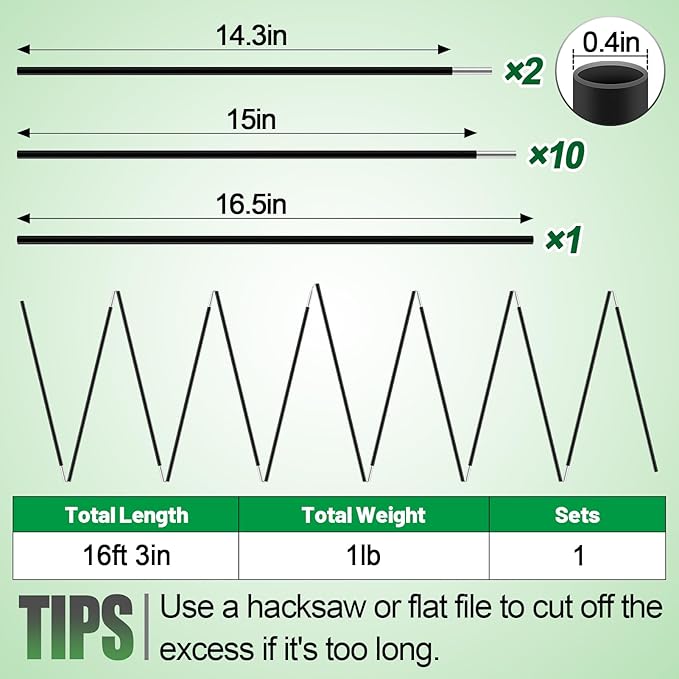 Aluminum Tent Poles Replacement - Pre-Assembled Tent Poles Stakes, Fits Both Female and Male Ends - Lightweight Tent Pole Repair Kit for Hiking Camping Backpacking Tent, 16FT 3IN
