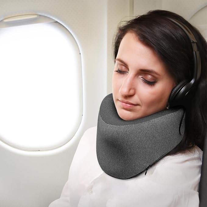 Patented Chin Support Travel Pillow for Sleeping,Innovative Travel Neck Pillows for Airplanes, 100% Pure Memory Foam Airplane Pillow for Long Flight - Dark Grey