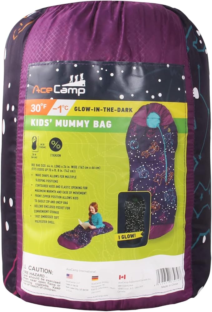 AceCamp Glow in The Dark Mummy Sleeping Bag for Kids and Youth, Temperature Rating 30°F/-1°C, Water-Resistant for Camping, Hiking, and Slumber Party