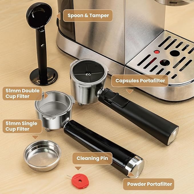 Gevi Espresso Machine 20 Bar with Portafilter for Nespresso Original Capsules and Coffee Powder, Professional Espresso Maker with Milk Frother for Cappuccino, Latte, Compact Espresso Coffee Machine